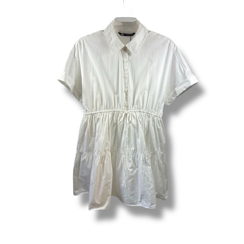 ZARA NWOT Mini Tiered Oxford Shirt Dress in White Size M